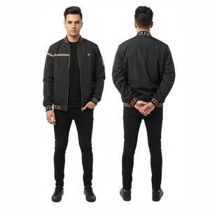 Men's Black Bomber Jacket with Gold Accents